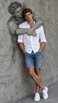 Young man leaning against wall with charcoal drawing of man