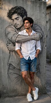 Young man leaning against wall with charcoal drawing of hug