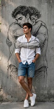 Young man standing against wall with artistic embrace graffiti
