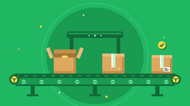 Flat style conveyor belt with cardboard boxes and checkmark