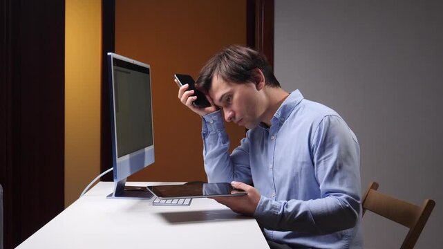 Office worker holding a smartphone to his forehead while studying a tablet at his desk, conveying workplace stress and multitasking beside a desktop computer