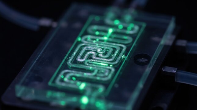 Glass microfluidic lab-on-a-chip flow cell with etched serpentine channels carrying colloidal silver fluid and fluorescent nucleic acid markers under UV light.