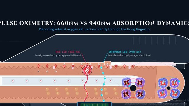 Pulse oximetry animation explaining 660nm and 940nm light absorption dynamics in a living fingertip, decoding arterial oxygen saturation using red and infrared LEDs with a photodiode detector