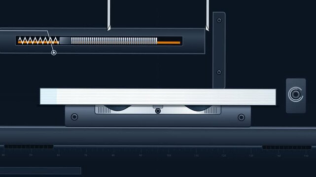 2D animated technical diagram illustrating the internal kinetic crimping mechanism of a stapler, showing the staple driving process through paper and deflection on the parabolic anvil