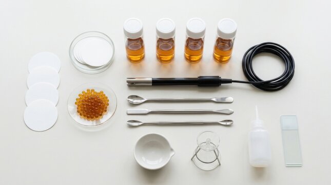 Mineral reclamation laboratory equipment arranged with membrane filters, amber brine vials, ion-exchange resin beads, and conductivity probe.