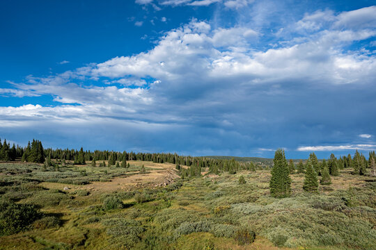Flat Tops Wilderness Area in White River National Forest, Colorado under dramatic afternoon cloudscape..