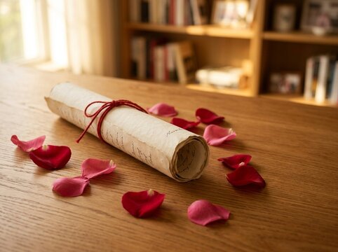 Ancient scroll tied with red string surrounded by vibrant rose petals on a wooden table for romantic message
