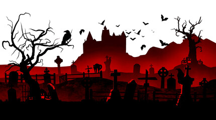 Haunted graveyard silhouette with red sky and castle on transparent background © senmachine