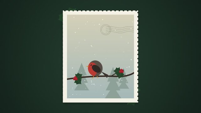 Vintage Postage Stamp Frame with Winter Robin and Holly Berry Vector Greeting