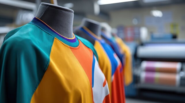 Custom sports jersey on a mannequin with bold colors, distinctive graphics, and textured performance fabric beside apparel printing equipment.