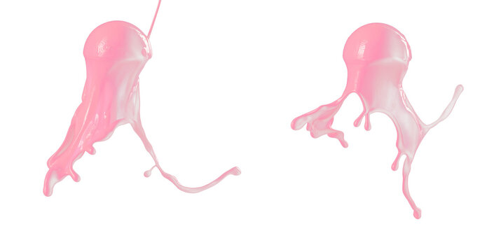 Neon pink paint pouring down curve ball. Fluorescent pink liquid water melting over Black background isolated. Bright choc pink paint melt down on sphere ball sticky spike, Photograph