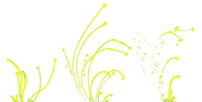 Neon yellow paint erupting in curve wave. Fluorescent yellow liquid water explosion vine over Black background isolated. Bright green paint eruption explode sticky spike, Photograph