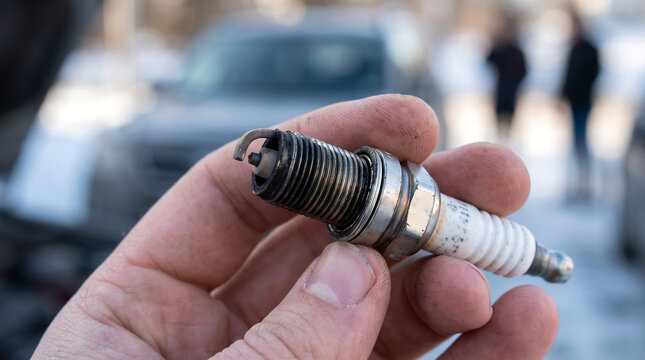 Mechanic Holding a Worn Spark Plug During Car Repair.
