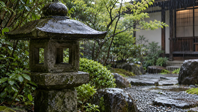 雨の庭に立つ石灯籠と滴る雫