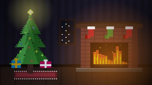 8-Bit Retro Pixel Art Christmas Fireplace with Stockings and Twinkling Tree Loop