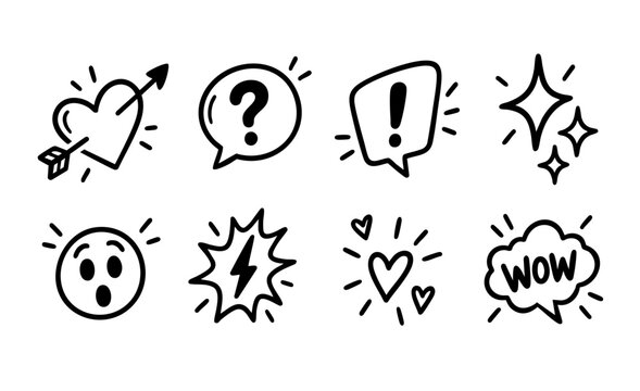 Element icon comic line set, hand drawn comic line effect, cute sketch heart and arrow, vector illustration. Bubbles