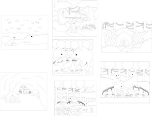Cute cartoon dinosaur and little prehistoric dinosaur exploring ancient forest hidden caves with crystals and flying pterodactyls coloring pages vector set © Natalia Kononova