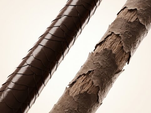 A comparative illustration of a healthy hair strand versus a damaged, frayed hair shaft close-up.