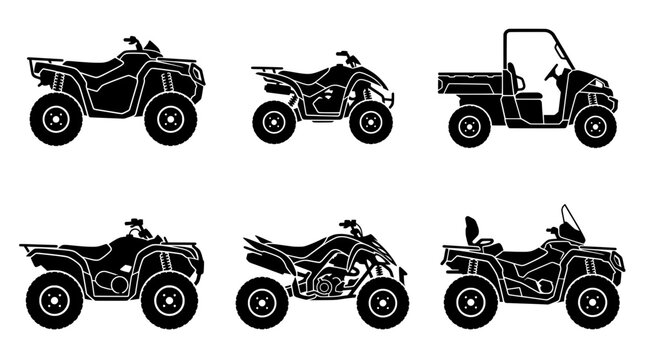 ATV silhouettes vector set, quad bike and utv side view icons, extreme motorsport graphics