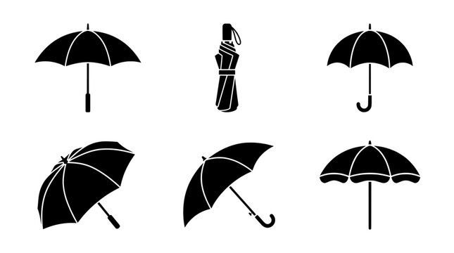 Black umbrella vector icons set, parasol silhouette collection, rainy weather symbols