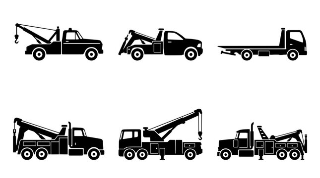 Tow truck vector icons set, wrecker and recovery vehicles silhouette graphics for design