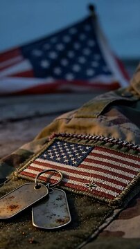 Vertical video: Pulling focus, lens revealing rusted dog tags on camo as tribute, US flag patch