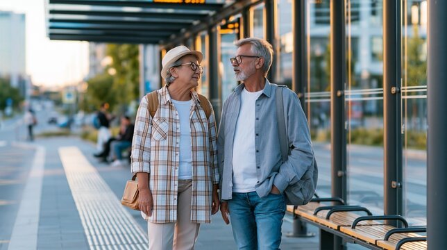 Mature debating transportation choices near a modern transit stop with tactile paving and benches framed by soft morning light and blurred cityscape background.