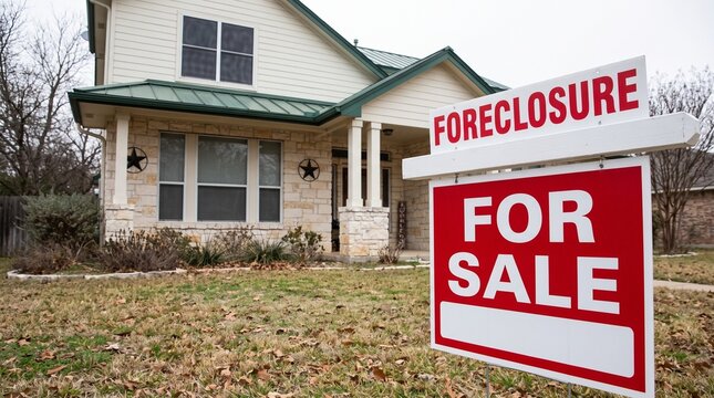 Foreclosure home for sale sign in front of a residential house