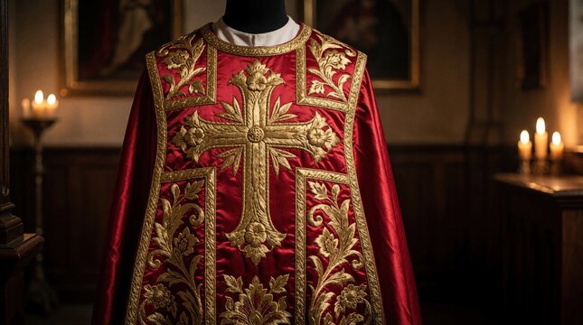 Red silk chasuble with gold embroidery displayed in quiet church room. Ornate religious vestment features large cross, floral pattern. Catholic priest garment sits on mannequin near lit candles in