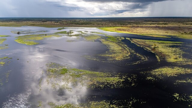 Aerial view of Merritt Island National Wildlife Refuge featuring wetlands, marshy islands, dark reflective water, and grassy plains under a cloudy sky in Oak Hill, Florida, United States.