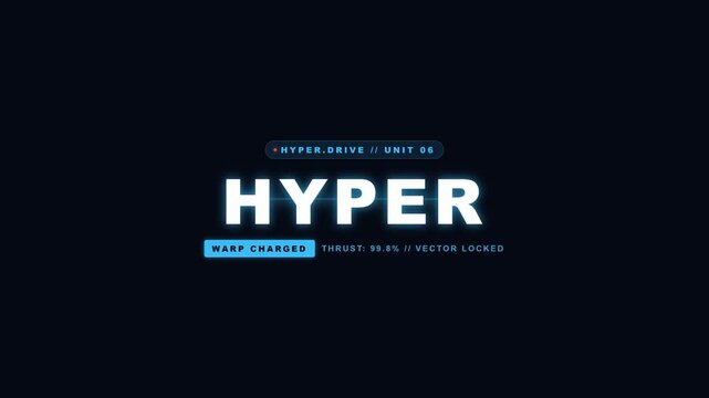 Futuristic sci-fi hyper drive interface with glowing white text and blue digital status indicators against a black background