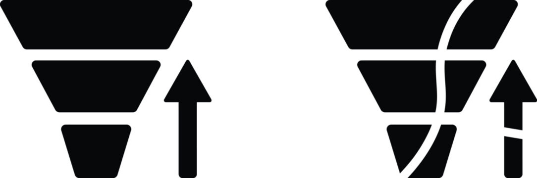 Funnel icons with arrow up and down, sales conversion and lead filtering vector symbol set
