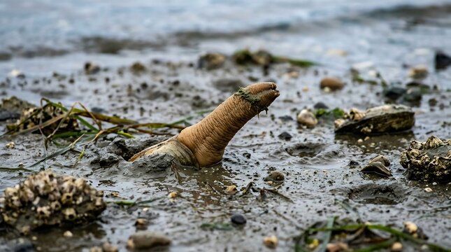 Detailed view of a geoduck clam siphon extending from wet sandy shore with scattered shells and seaweed in a coastal marine environment during low tide for biological study