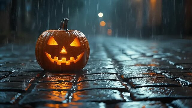 Glowing carved jack o lantern resting on wet cobblestone street during dark rainy autumn evening