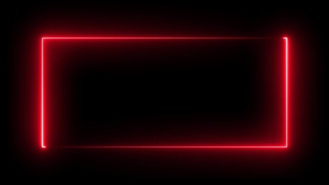 Illustration of a bright red neon rectangle glows against a deep black background, creating a modern, abstract frame or border for digital content motion transparent background