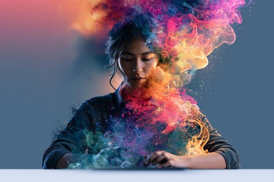 Woman with colorful exploding smoke emanating from her head and body, looking down with closed eyes