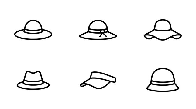 Minimalist hat line icons vector set. Sun hat and cap outlines for fashion and summer design