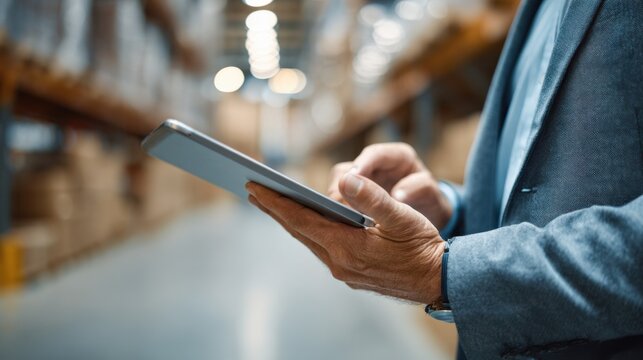 Professional reviewing supply chain audit and compliance reports on a digital tablet.