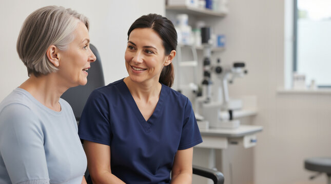 Optometrist consulting with senior female patient in eye clinic. Doctor listening to mature woman during medical exam. Healthcare professional patient care concept