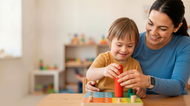 Boy with Down syndrome playing with wooden educational toy in classroom. Smiling female therapist supporting child with special needs. Occupational therapy and early childhood development concept
