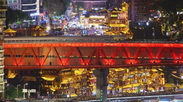 Chongqing cyberpunk city skyline with river and hongyadong night time