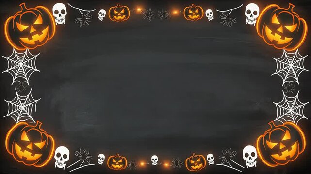 Spooky Halloween background with glowing jack o lantern pumpkins and scary skulls framing a dark chalkboard template