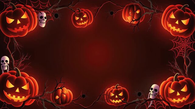 Glowing jack o lanterns framing dark spooky background with skull and spider web decorations