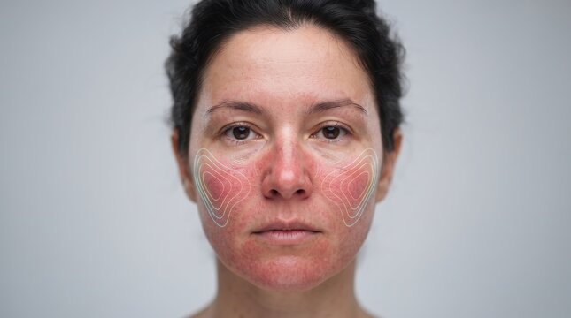 Woman face with severe rosacea and facial redness analyzed by digital thermal topographic mapping contour lines.