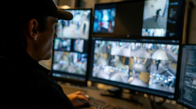 Security technician uses AI software to enhance CCTV footage, analyze suspicious activity, and review surveillance evidence with data overlays.
