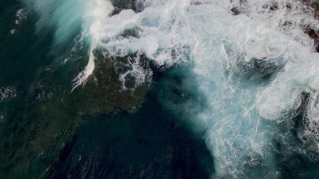 Dark teal water churns into dramatic branching foam shapes seen directly from above near Los Chochos. Nature drawing a new pattern with every wave on Tenerife's coast.