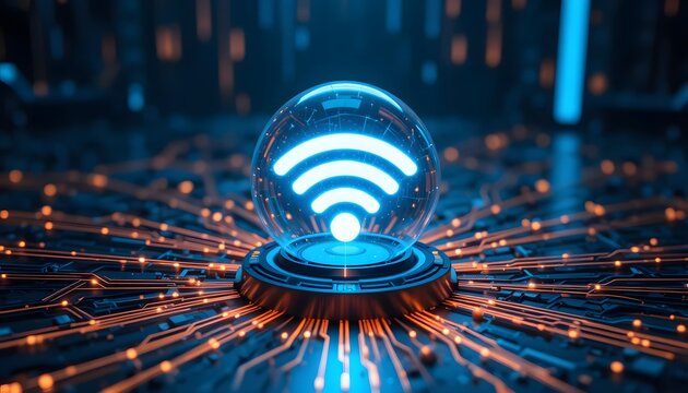 glowing blue wifi symbol icon inside glass sphere on orange technology circuit board