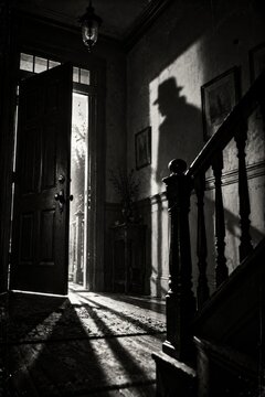 Gothic haunted house foyer with open front door, staircase and mysterious human shadow in dramatic black and white light. Eerie horror atmosphere, vintage architecture and suspense. Vertical
