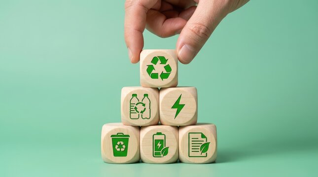 Hand placing recycling symbol block atop sustainability concept stack of wooden cubes with similar blocks with onto pyramid similar, stacks wooden