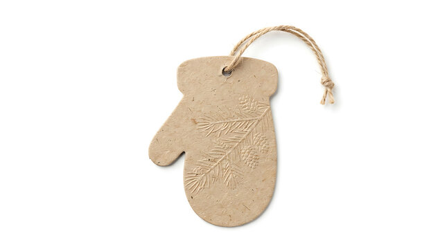 Rustic cardboard mitten ornament hanging by a twine string with holiday decorati